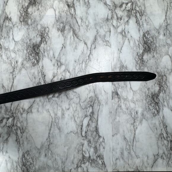 Western Tooled Black Leather Belt Strap Mens Size 44 Embossed Snap On No Buckle - Picture 14 of 14